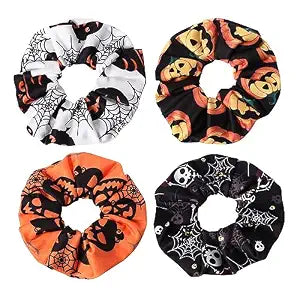 4pcs Halloween Hair Ties Elastics Hair Scrunchies Pumpkin Ghost Skeleton Spider Web Bats Hair Accessories for Women Girls Ponytail Holder Hair Band Ropes