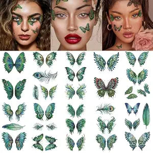 Temporary Tattoos Stickers Green Butterfly Wings Peacock Feather Design Decal Women Face Eye Makeup Art Party Supplies 10 Sheets
