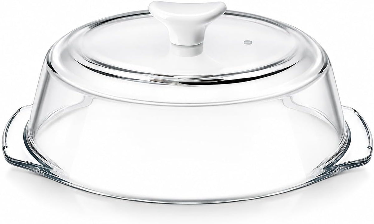 Glass Microwave Splatter Cover with Ceramic Handle & Screw, Dishwasher Safe