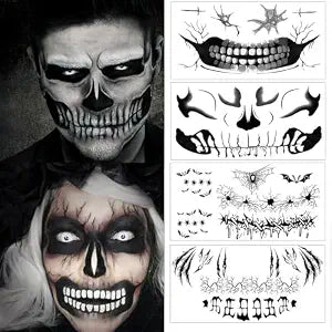 4 Sheets Fake Zombie Face Tattoos - Halloween Temporary Skull Tattoos for Makeup, Day of Dead Costume Prank Tattoo Stickers for Women Men Adults