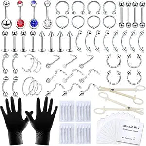 TKKUY 89 Pcs Body Piercing Kit for All Body Piercings Nose Piercing Stainless Steel Piercing Jewelry with 12G 14G 16G 20G Piercing Needles for Ear Cartilage Tragus Nose Septum Lip Eyebrow