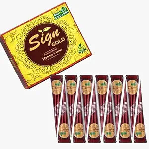 Sign GOLD Henna Cones Made from 100% Natural Leaves | Fresh Ready-to-Use Pre-Filled Paste, Henna Tube | Dark Reddish Brown | No Additives | Long Lasting Color | Pack of 12