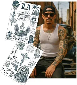 Cholo LA Gangster Fake Tattoos ï¿½ï¿½ï¿½ 2 A4 Sheets ï¿½ï¿½ï¿½ Old English Script, Clown Girls, Lowriders, & Religious Ink ï¿½ï¿½ï¿½ Ultra-Real Temporary Tattoos for Film, Cosplay & Halloween ï¿½ï¿