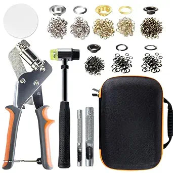 Stainless Steel Grommet Kit (3/8 and 1/4) Includes a Hammer and Bag and 200 10mm and 300 6mm Grommets. Eyelet and Grommet Tool Kit for DIY Tarp Leather Ring Repair and Installation.