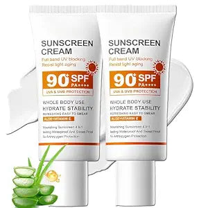 SPF 90+ Sunscreen Cream 2 Pack, Broad Spectrum UVA/UVB Protection Face & Body Sun Lotion with Aloe Vera & Vitamin E, Lightweight, Non-Greasy, Water & Sweat Resistant Daily Sun Defense