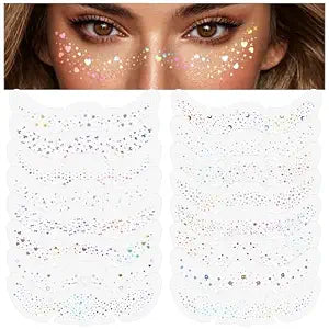 Konsait 16 Sheets Holographic Glitter Freckles Face Tattoo for Women Girls, Holographic Laser Snowflake Moon Star Freckles Tattoos Halloween Face Makeup Tattoo Party Favor Supplies