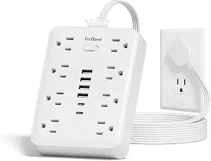 Surge Protector Power Strip, 8AC+6USB 17W, 10FT Flat Plug, 15A/1875W, White