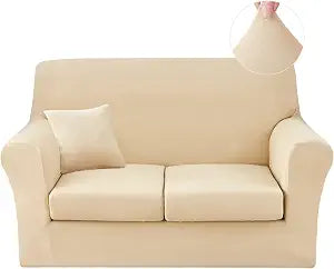 JQinHome 4 Piece Stretch Sofa Cover Couch Cover, Loveseat Slipcover with 2 Separate Cushion Cover, Washable Furniture Protector for Living Room(Loveseat, Beige)