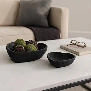 Set of 2 Wooden Decorative Bowls  Accent Bowl Set for Everyday Display, Coffee Table or Entryway Styling  Heart Shape Design for Soft, Sculptural Impact, Home Decor  10" & 8", Black