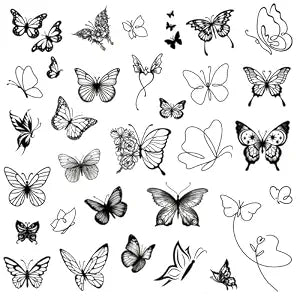 One Grace Mini Butterfly Temporary Tattoos - Realistic Long Lasting Waterproof Tiny Tattoos - Black and White Fine Line Small Tattoos for Women and Men
