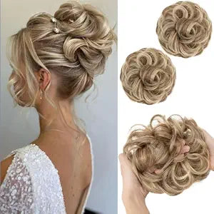 SARLA 2PCS Messy Hair Bun Hair Pieces Wavy Curly Synthetic Updo Fake Scrunchies Ponytail Extension for Women Sand