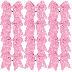 12 Pcs Large Glitter Ponytail Holders - Big 8" Hair Bows and Elastic Hair Ties for Cheerleaders, Sports and Teens (Pink)