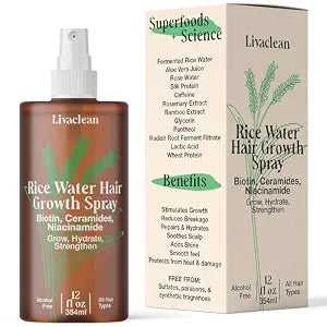 LivaClean Rosemary & Rice Water Spray for Hair Growth, 12 fl oz – Fermented Rice Water with Biotin, Caffeine & Silk Protein – Strengthening Leave-In for Thinning, Damaged & Curly Hair