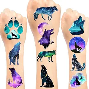 Galaxy Wolf Temporary Tattoo Sticker - 20 Sheet Wolf Themed Tattoos for Men, Women & Kids - Party Decoration Supplies & Favors
