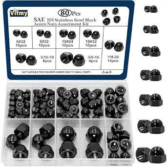 SAE Hex Acorn Cap Nut Assortment Kit (#6-3/8) 80Pcs Stainless Black