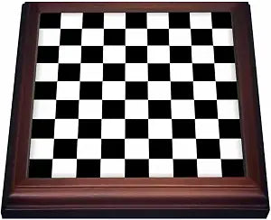 3dRose Check black and white pattern checkered checked squares chess checkerboard or racing car race flag Trivet with Ceramic Tile, 8" x 8", Brown