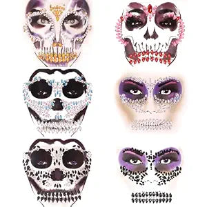 Erythem Skull Face Gems 6 Pack Day of the Dead Face Jewels Crystals Skeleton Face Gems for Halloween Festival Rave Party Makeup (Gold, Red, Blue, Black)