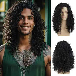 Long Curly Black Wigs for Men Halloween Costume Party Wig