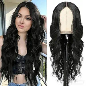 ShowCoco Black Wig for Women 26 Inch Pre Cut Hand-Tied Lace Long Wavy Natural Hairline Middle Part Hair Replacement Wigs for Women Beginners Natural Synthetic Wig for Daily Party 3 Seconds to Wear