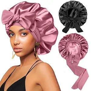 2Pcs Silk Hair Satin Bonnet for Sleeping Women,Large Satin Sleep Bonnets for Women with Elastic Tie Band Silk Hair Wrap with Ajustable Straps,Night Sleep Cap for Curly Braids,Black+Rose Gold