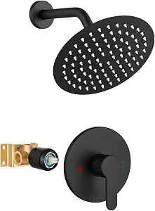 Heyalan 8-Inch Round Rain Shower Faucet Set with Valve, Matte Black