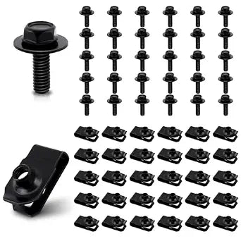 60 Pcs M6-1.0 Clip Nuts, U-Style Clip-On Speed Nuts Automotive Carbon Steel Black, 1/4-20 Extruded U Type Nuts for Automotive Bumper (30 Nuts + 30 Screws)