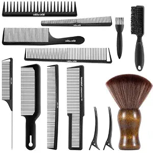 SALONSILK 13PCS Hair Cutting Shaving Brush and Comb Set, Professional Barber Combs for Hair Stylist, Premium Grade Barber Brush Neck Duster, Fading Comb Barber Clipper Comb