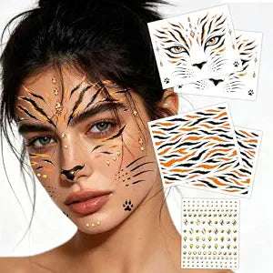 Tiger Face Tattoo Set, 4 Sheets Temporary Face Tattoos with 1 Gold Gem Sticker Sheet, Waterproof Tiger Face Stickers for Halloween Animal Costume Carnival Party