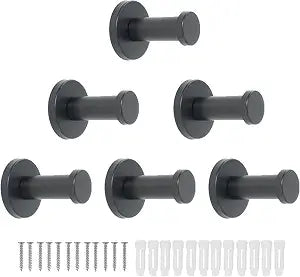 Bathroom Towel Hooks, 6 Pack Round Coat Hooks, Sturdy Wall Mounted Robe Hook, SUS 304 Stainless Steel Heavy Duty Clothes Hanger, Wall Towel Hooks for Bathroom Bedroom Kitchen (Black)