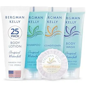 Bergman Kelly - Hotel Toiletries Bundle - Tropical Waterfall, 1 oz each, 125 Pieces - 5-Piece Set: 25 each Round Bar Soap, Shampoo, Conditioner, Body Lotion & Body Wash - Bulk Mini Guest Amenities
