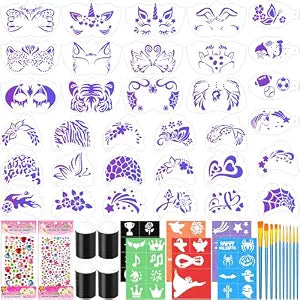 55PCS Face Paint Stencils Kit Includes 33 Reusable Facial Painting Stencils, 6 Sheets Tattoo Templates Stickers, 10 Brushes, 2 Pack Adhesive Gems, 4 Sponge for Halloween Festival Party Makeup