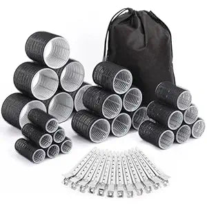Selizo Hair Curlers 36 Pcs Set with 24Pcs Hair Curlers 4 Sizes and 12 Pcs Hair Clips for Long Medium Short Thick Hair, Black