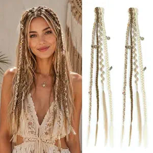 Clip in Braid Hair Extensions,16" Boho Clip in Dreadlocks Hairpieces,Great for Viking costume 2PCS Dreads Hairpieces for Cosplay Daily Use (Medium Blonde with Light Blonde, 16 Inch)