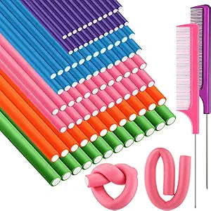 Tigeen 96 Pieces Flexible Curling Rods 9.45 Inch Soft Twist Foam Hair Curling Rollers No Heat Hair Rods Rollers with 2 Pieces Rat Tail Comb(Multi Size,Multi Color)