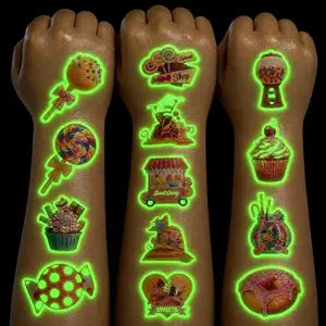 96 PCS Glow in the Dark Candy Temporary Tattoos for Kids - Cute Candy Theme