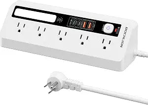 Desk Extension Lead with USB Slots, BOCHLION PD 35W + PD 20W Fast Charging Power Station with Night Light, 5 Way Plug Extension Socket Surge Protector, Desktop Power Strip 1.8M for Home Office (White)
