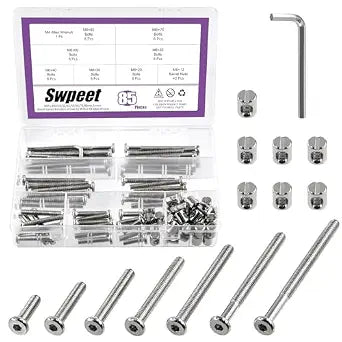 Swpeet 85Pcs M6 20/30/40/50/60/70/80mm Nickel Plated Screws Kit, Hex Socket Head Cap Crib Baby Bed Bolt and Barrel Nuts with 1Pc Allen Wrench Perfect for Furniture, Cots, Hardware Crib Screws