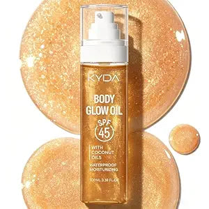 KYDA Travel Size Sunscreen, SPF 45 Body Glow Oil with Sequin Mica, Lightweight Moisturizing Coconuts Sunscreen SPF Glow Oil, Sun-kissed Shimmer Body Lotion, Water Resistant, 3.38 fl oz, AMBER