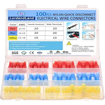 100PCS Nylon Spade Quick Disconnect Connectors Kit 22-10 AWG Male and Female Electrical Wire Connectors Kit Electrical Insulated Wire Crimp Cold-Pressed Terminals for Automotive,Electronics