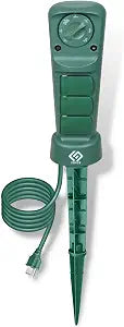 Outdoor Power Stake with Photocell Timer 2/4/6/8 Hour Countdown, Dusk to Dawn, 3 Grounded Outlets 6FT Cord, UL Listed, Green