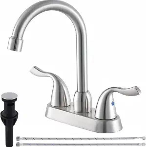 Brushed Nickel Bathroom Sink Faucet, 2 Handle 4 Inch Centerset Bathroom Faucet, 3 Hole Small Bathroom Sink Faucet with Supply Lines and Pop-up Drain, RV faucets for Camper Lavatory Vanity