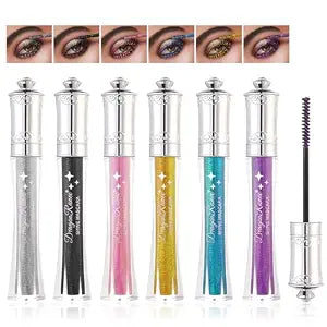 6Pcs Glitter Colorful Mascara Set, Black Silver Gold Pink Blue Purple Diamond Sparkly Mascara for Eyelashes, Lengthening & Volumizing Shiny Sparkle Eyes Makeup