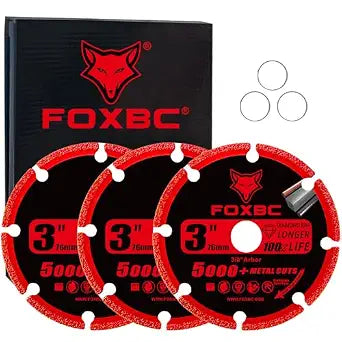 FOXBC 3 Inch Diamond Cut Off Wheel with 5000+ Metal Cutting on Rebar, Stainless Steel, Angle Iron, 3/8" Arbor - 3 Pack