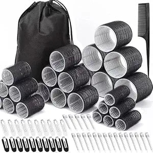 66 Pcs Hair Rollers for Women, Rollers Hair Curlers, 24 Pcs in 4 Sizes(60/48/36/25 Mm) with 40 Stainless Steel Clips, Self Grip Holding Rollers for Hair, Long, Medium, Short, Storage Bag, Comb