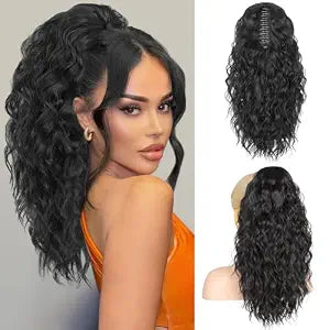 RONTAYA Ponytail Extension, 18 Inch Black Claw Clip Ponytail Extensions for Women, Multi Layered Fluffy Thick Wavy Jaw Clip in Fake Pony Tails Fake Hair Soft Synthetic Hairpiece