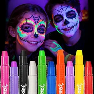 10 Neon Face Paint Sticks Glow in the Dark, Black Light Body Paint for Kids