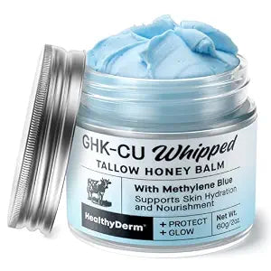HealthyDerm Copper Peptides GHK-Cu Beef Tallow for Skin: Blue Balm with Methylene Blue, Manuka Honey & Vitamin E ��� Natural Face and Body Moisturizer for Mature, Dry & Sensitive Skin ��� 2oz