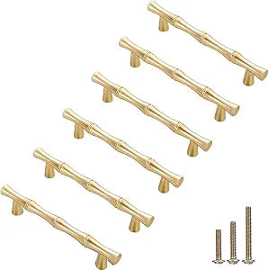 6Pcs Bamboo Shape Solid Zinc Alloy Cabinet Knobs Handles, Dresser Drawer Cabinet Cupboard Closet Door Pulls Decorative Furniture Accessories KnobS (Length 4.9"/Hole Distance 3.8", Golden)