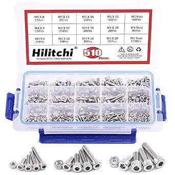 Hilitchi 510pcs M3 M4 M5 Stainless Steel Hex Socket Head Cap Bolts Screws Nuts Assortment Kit - 304 Stainless Steel (Hex Socket)
