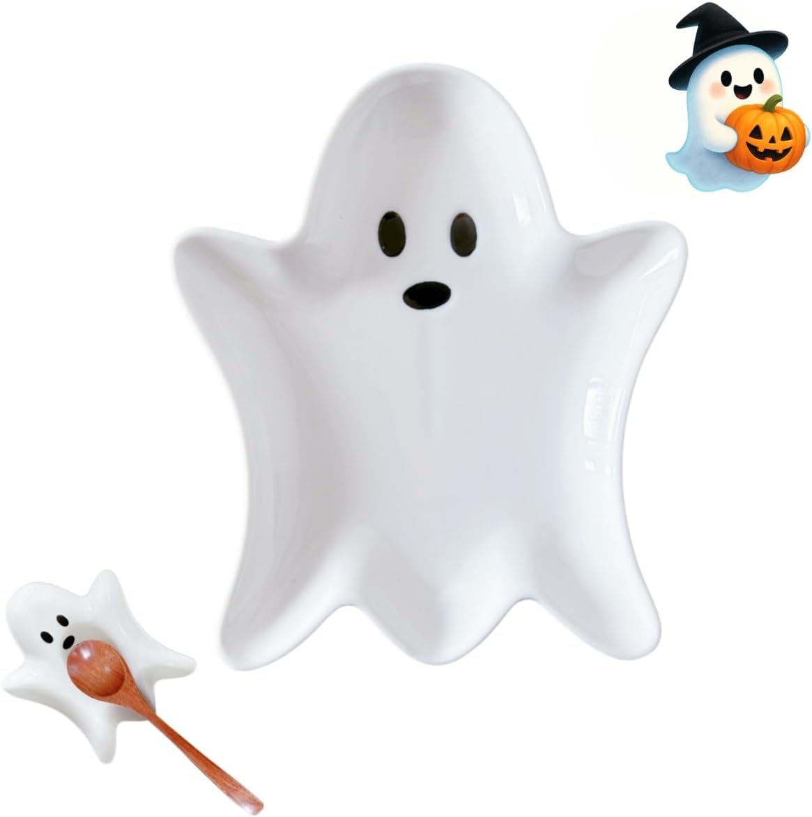 Ceramic Spoon Rest for Stove Top, Halloween Ghost Cute Spoon Rest for Kitchen Counter, Cooking Spoon Holder for Kitchen Counter, Utensil Rest Spatula Rest Ladle Holder Tong Rest (White)
